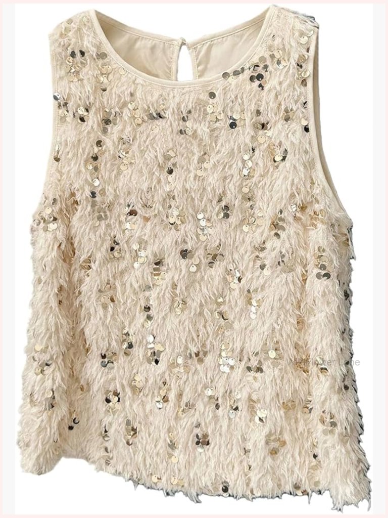 Fuzzy Sequin Sleeveless Party Blouse Y2k Night Out Tops